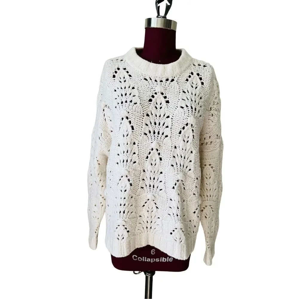 Aerie Cream Pointelle Chunky Knit Sweater Women’s Size S - Picture 2 of 11
